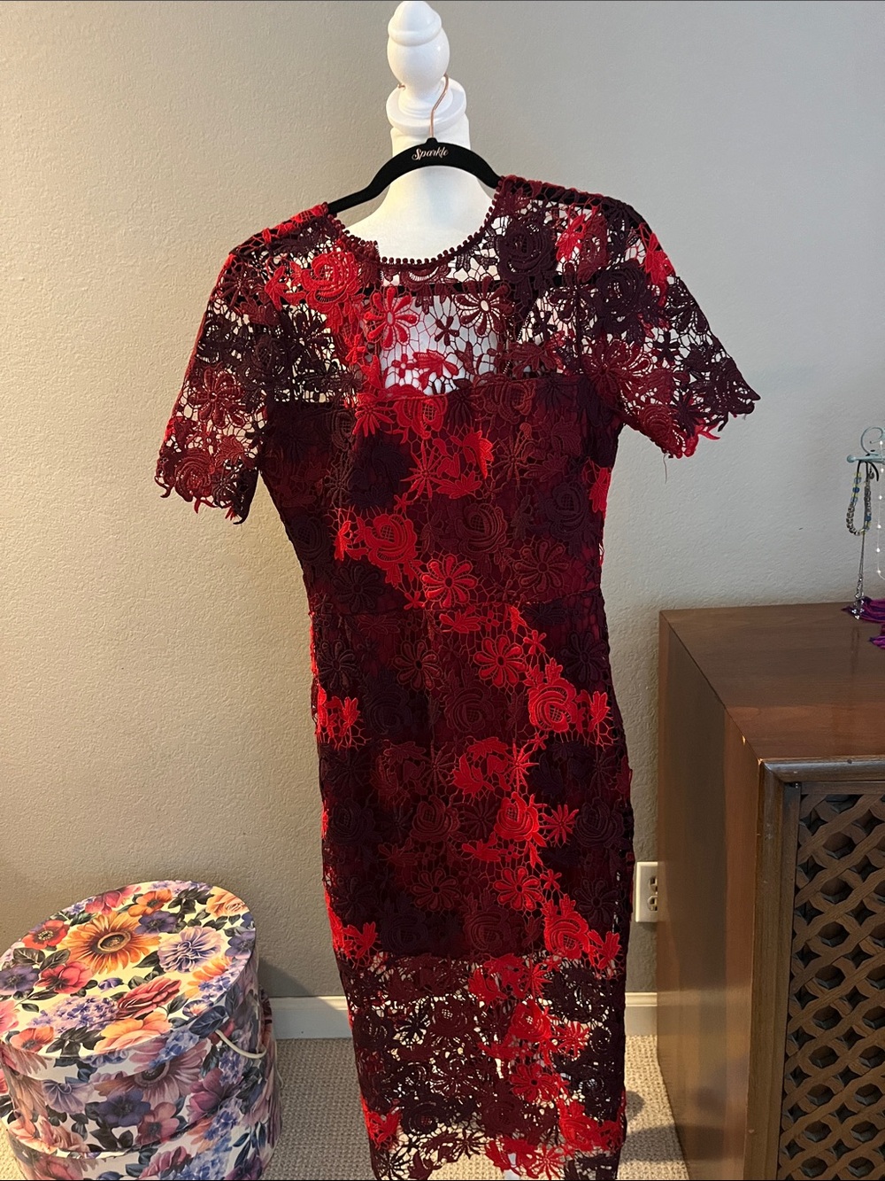 Lulu's Burgundy and Red Floral Lace Midi Dress